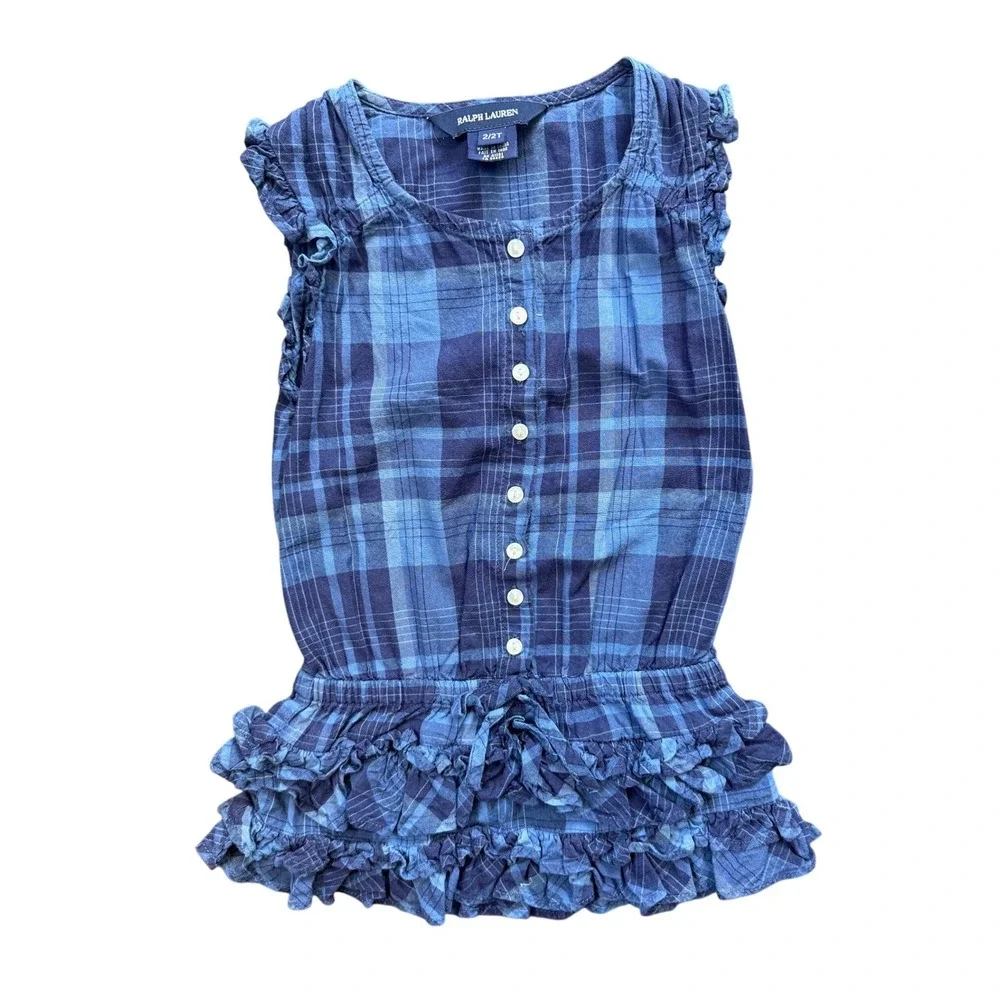 Ralph Lauren Plaid Ruffle Top Kids 2T Blue Button Front Smocked Waist 3111178878
